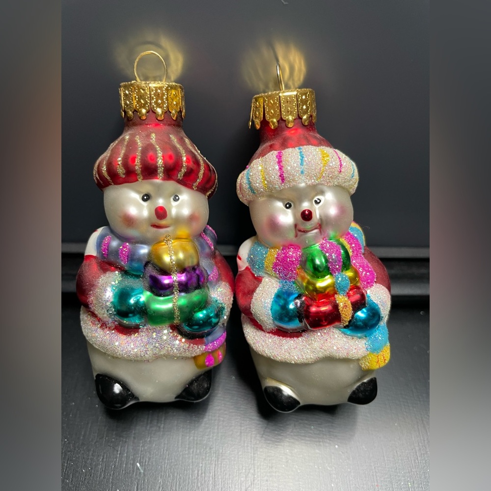 Glass Snowman & Woman Pair Of Vintage Ornaments Designer Signed 3.5” W/ Presents